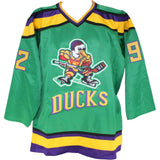 The Mighty Ducks Movie Autographed Green Jersey sz XL 8 Sigs Beckett 52785