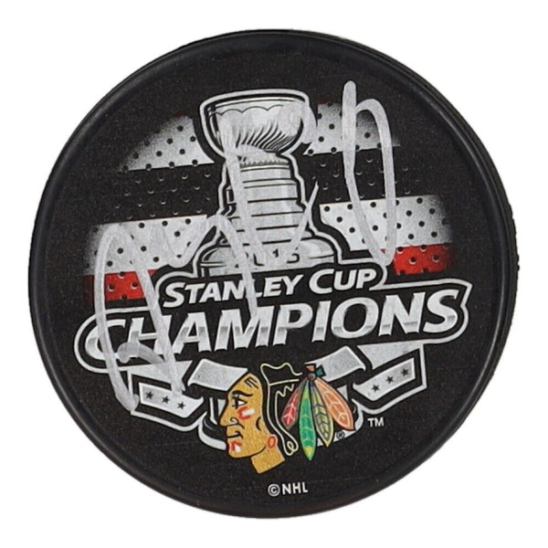 Patrick Sharp Signed Blackhawks 2015 Stanley Cup Champs Logo Hockey Puck PSA COA
