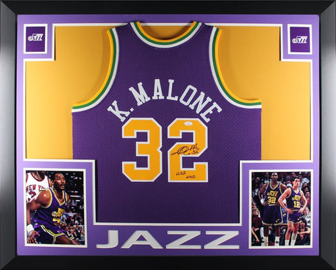 Karl Malone Autographed Utah Jazz Mitchell & Ness Purple HOF Framed Jersey JSA