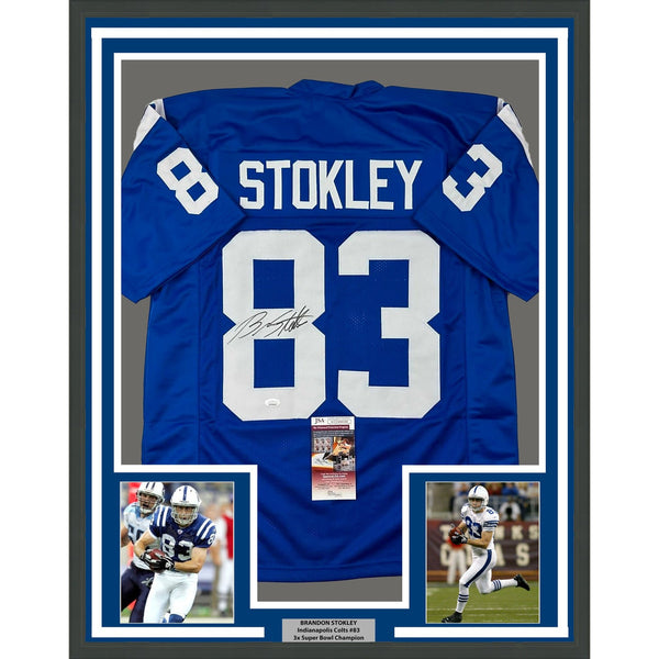Framed Signed Brandon Stokley 35x39 Indianapolis Blue Jersey JSA COA