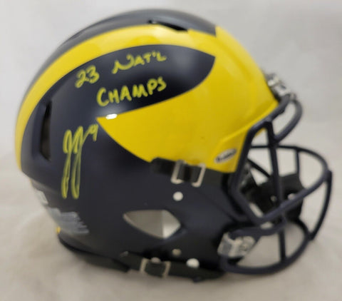 JJ McCARTHY SIGNED MICHIGAN SPEED AUTHENTIC HELMET WITH CHAMPS INSC. BECKETT QR