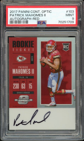 2017 Contenders Optic Rookie Ticket Red 09/75 Patrick Mahomes Auto PSA MINT 9
