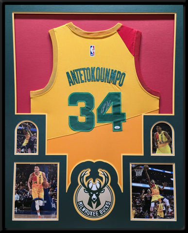 FRAMED MILWAUKEE BUCKS GIANNIS ANTETOKOUNMPO AUTOGRAPHED SIGNED JERSEY JSA COA