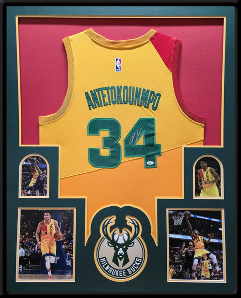 FRAMED MILWAUKEE BUCKS GIANNIS ANTETOKOUNMPO AUTOGRAPHED SIGNED JERSEY JSA COA