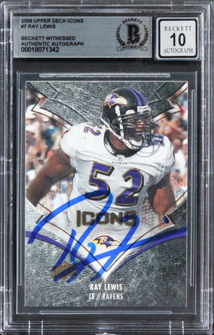 Ravens Ray Lewis Signed 2008 Upper Deck Icons #7 Card Auto Mint 10! BAS Slabbed