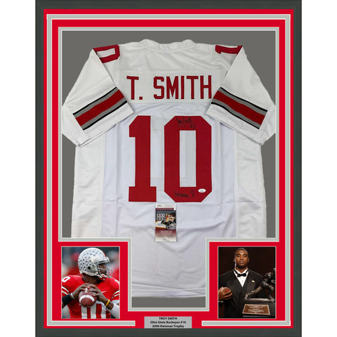 Framed Autographed/Signed Troy Smith 33x42 Heisman 06 OSU White Jersey JSA COA