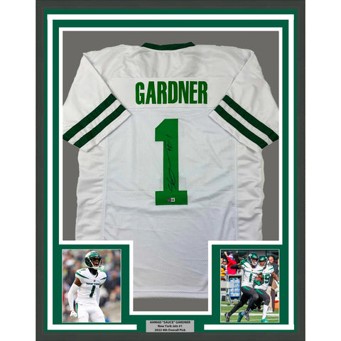 Framed Autographed/Signed Ahmad Sauce Gardner 33x42 White Retro Jersey BAS COA