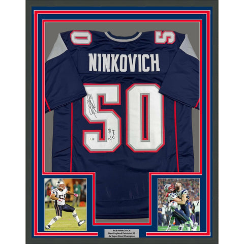 Framed Autographed/Signed Rob Ninkovich 35x39 New England Blue Jersey BAS COA