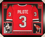 Pierre Pilote Signed Blackhawks 35x43 Custom Framed Jersey Inscribed "H.O.F. 75"