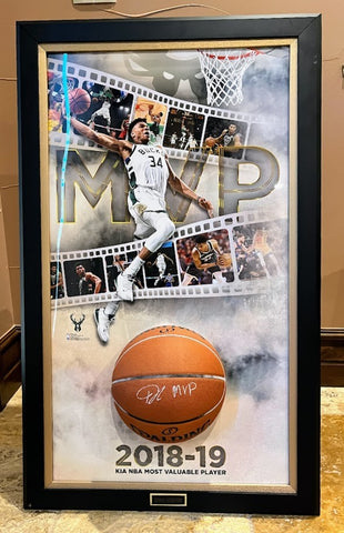 Giannis Antetokounmpo Autographed Basketball Display Breaking Through Frame JSA
