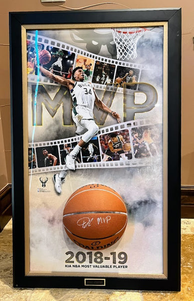 Giannis Antetokounmpo Autographed Basketball Display Breaking Through Frame JSA