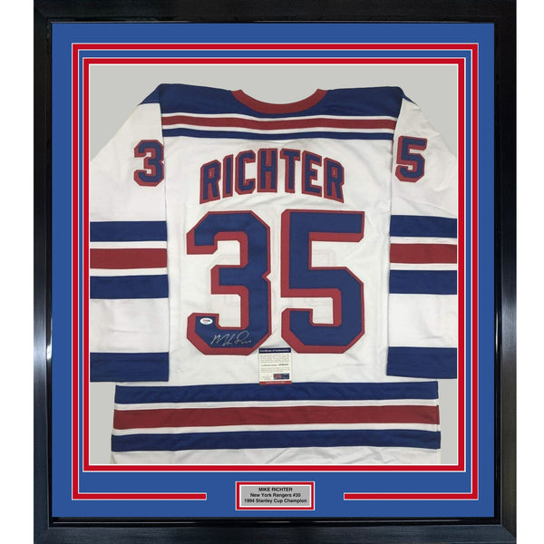 FRAMED Autographed/Signed MIKE RICHTER 35x39 New York White Jersey PSA COA