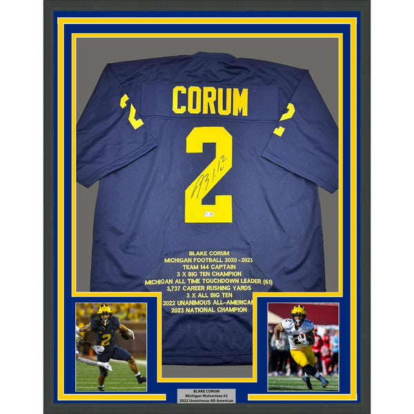 Framed Autographed/Signed Blake Corum Michigan 35x39 Stat Jersey BAS COA