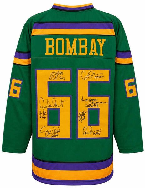 The Mighty Ducks Cast Signed Bombay #66 Green Custom Jersey 8 Sigs w/INS -SS COA