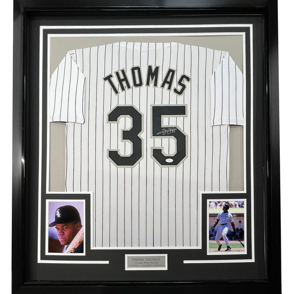 Framed Signed Frank Thomas 35x39 Chicago Pinstripe Jersey JSA COA