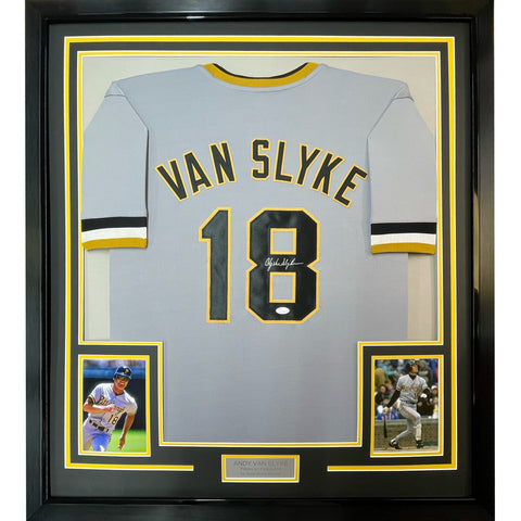 Framed Autographed/Signed Andy Van Slyke 33x42 Pittsburgh Grey Jersey JSA COA