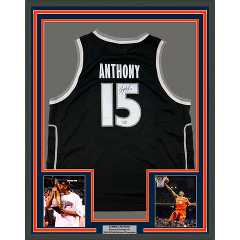 Framed Autographed/Signed Carmelo Anthony 33x42 Orange Black Jersey Fanatics COA