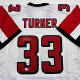 Autographed/Signed Michael Turner Atlanta White Football Jersey Beckett BAS COA