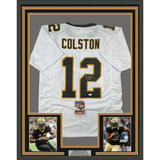 Framed Autographed/Signed Marques Colston 33x42 Orleans White Jersey JSA COA