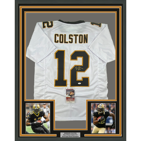 Framed Autographed/Signed Marques Colston 33x42 Orleans White Jersey JSA COA
