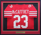 49ERS CHRISTIAN MCCAFFREY AUTOGRAPHED SIGNED FRAMED RED JERSEY BECKETT QR 234595
