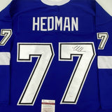 Autographed/Signed Victor Hedman Tampa Bay Blue Hockey Jersey JSA COA