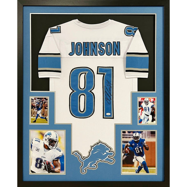 Calvin Johnson Autographed Signed Framed White Detroit Lions Jersey JSA
