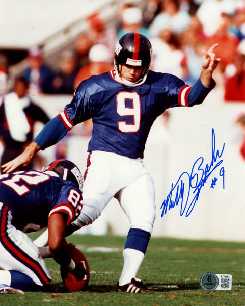 Matt Bahr Autographed New York Giants 8x10 Photo Blue Kicking Beckett 56781