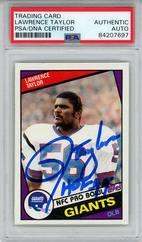 Lawrence Taylor Autographed 1984 Topps #321 Trading Card HOF PSA Slab 43610