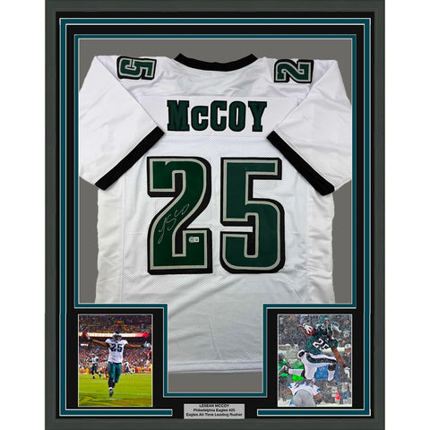 Framed Autographed/Signed LeSean McCoy 33x42 White Jersey Beckett BAS COA
