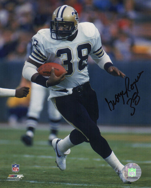 George Rogers Signed Saints White Jersey Action 8x10 Photo- (SCHWARTZ COA)