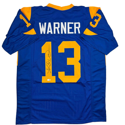 Autographed/Signed Kurt Warner St. Louis Blue Football Jersey JSA COA