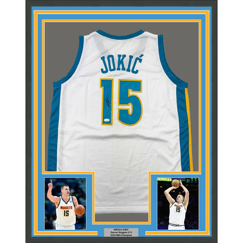 Framed Autographed/Signed Nikola Jokic 33x42 White Throwback Jersey JSA COA