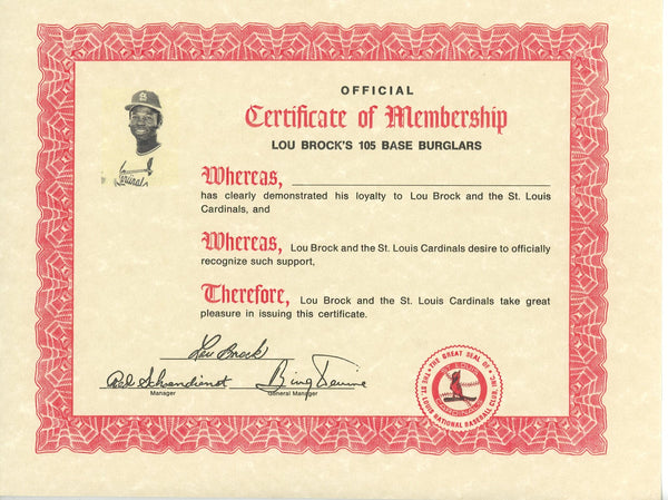 Lou Brock Saint Louis Cardinal 105 Base Burglars 1974 Certificate 56269