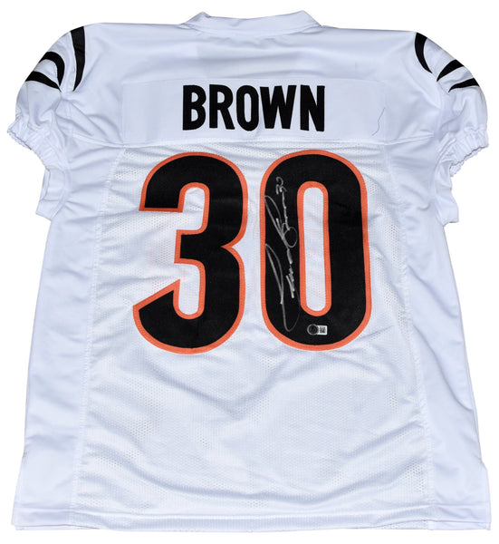 CHASE BROWN SIGNED CINCINNATI BENGALS #30 WHITE GAME CUT JERSEY BECKETT