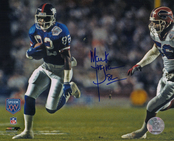 Mark Ingram Signed Giants Super Bowl XXV Blue Jersey Action 8x10 Photo -(SS COA)