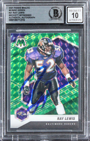 Ravens Ray Lewis Signed 2021 Panini Mosaic Green #21 Card Auto 10! BAS Slabbed