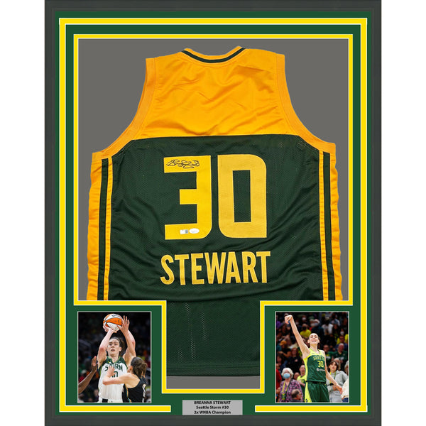 Framed Autographed/Signed Breanna Stewart 35x39 Seattle Green Jersey JSA COA