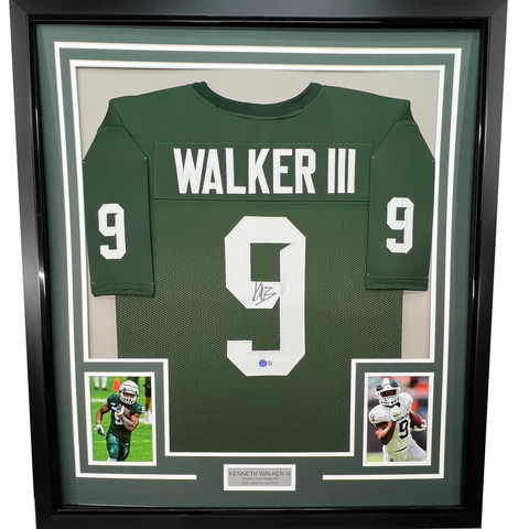 Framed Autographed Kenneth Walker III 33x42 Michigan State Green Jersey BAS COA