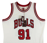 Bulls Dennis Rodman "HOF 2011" Signed Cream M&N HWC Swingman Jersey BAS Witness
