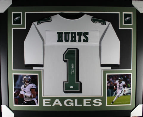 JALEN HURTS (Eagles white SKYLINE) Signed Autographed Framed Jersey JSA
