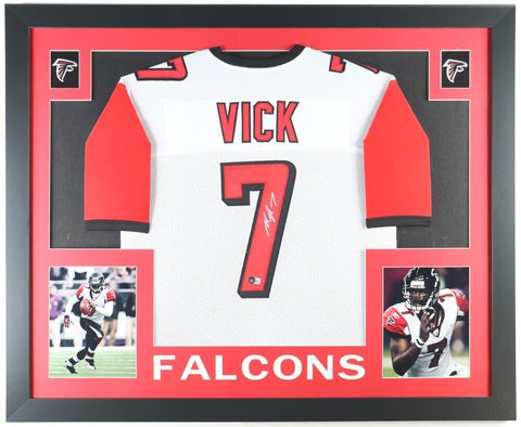 Michael Vick Signed Atlanta Falcons 35x43 Framed Jersey (Beckett) 4xPro Bowl QB