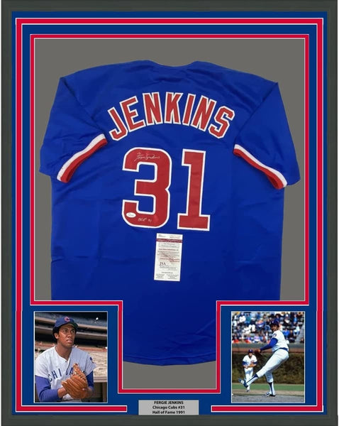 FRAMED Autographed/Signed FERGIE JENKINS 35x39 HOF 91 Blue Jersey JSA COA