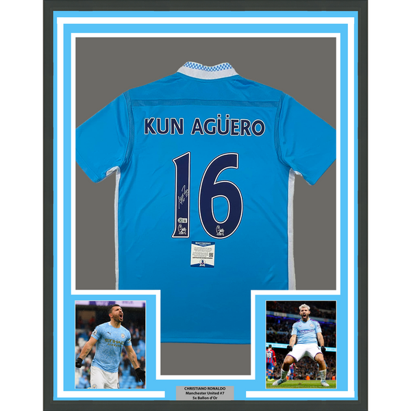 Framed Autographed/Signed Sergio Kun Aguero 33x42 Manchester Blue Soccer BAS COA