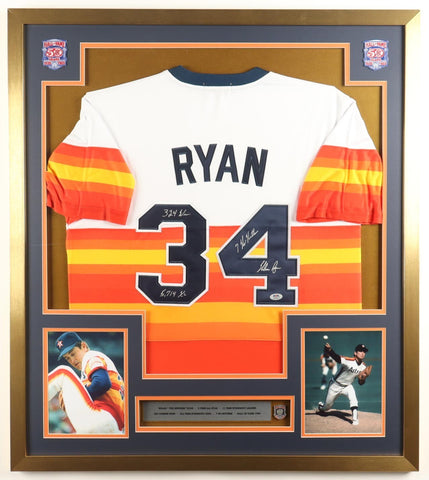 Nolan Ryan Signed Framed Jersey with Hall of Fame Pin & Patch 3xInscribed (PSA)