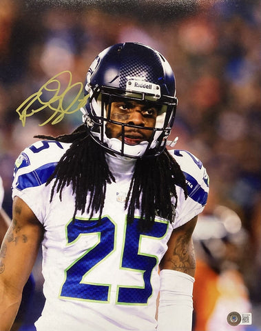 Richard Sherman Signed 11x14 Seattle Seahawks White Jersey Photo BAS