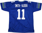 SEAHAWKS JAXON SMITH-NJIGBA AUTOGRAPHED THROWBACK BLUE JERSEY BECKETT QR 243019