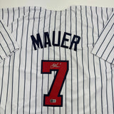 Autographed/Signed Joe Mauer Minnesota Pinstripe Jersey Beckett BAS COA