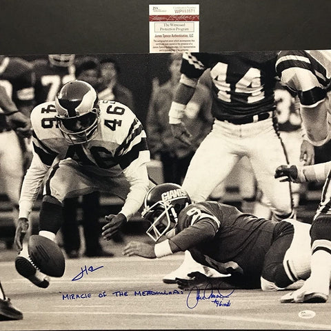 Signed HERM EDWARDS JOE PISARCIK Miracle Meadowlands 16x20 Photo JSA COA