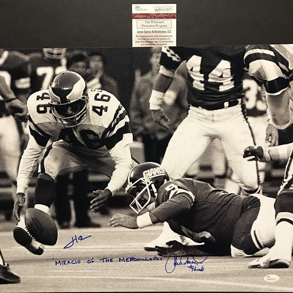 Signed HERM EDWARDS JOE PISARCIK Miracle Meadowlands 16x20 Photo JSA COA